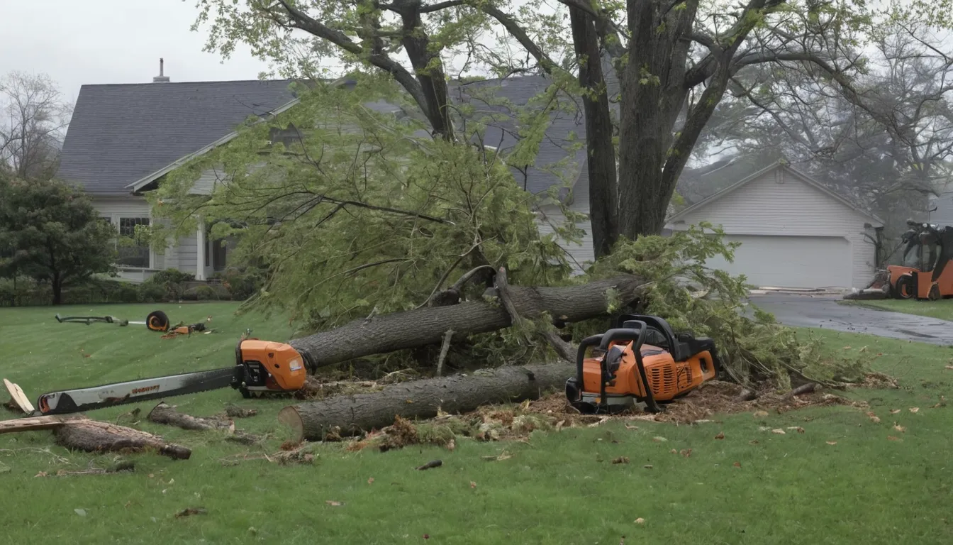 A tree provider cutting a storm-fallen tree near a house in the Bolingbrook area