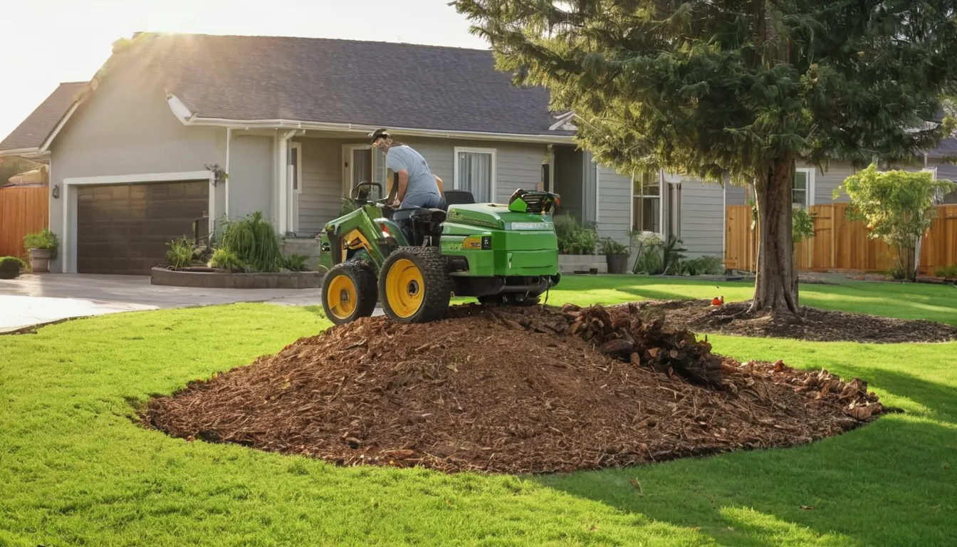 A stump grinder working on a tree stump in a residential yard in Bolingbrook